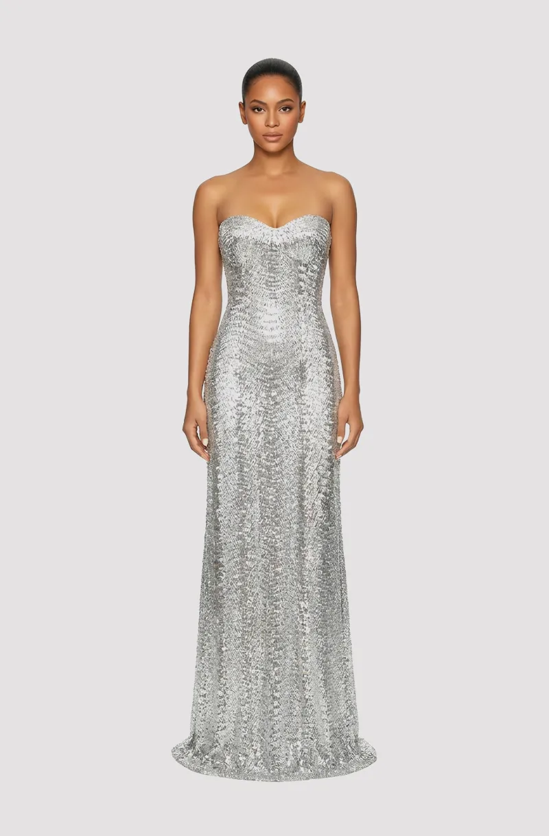 Front view of a woman in a Metallic silver chevron-patterned bugle-beaded corseted column gown 36, image 1