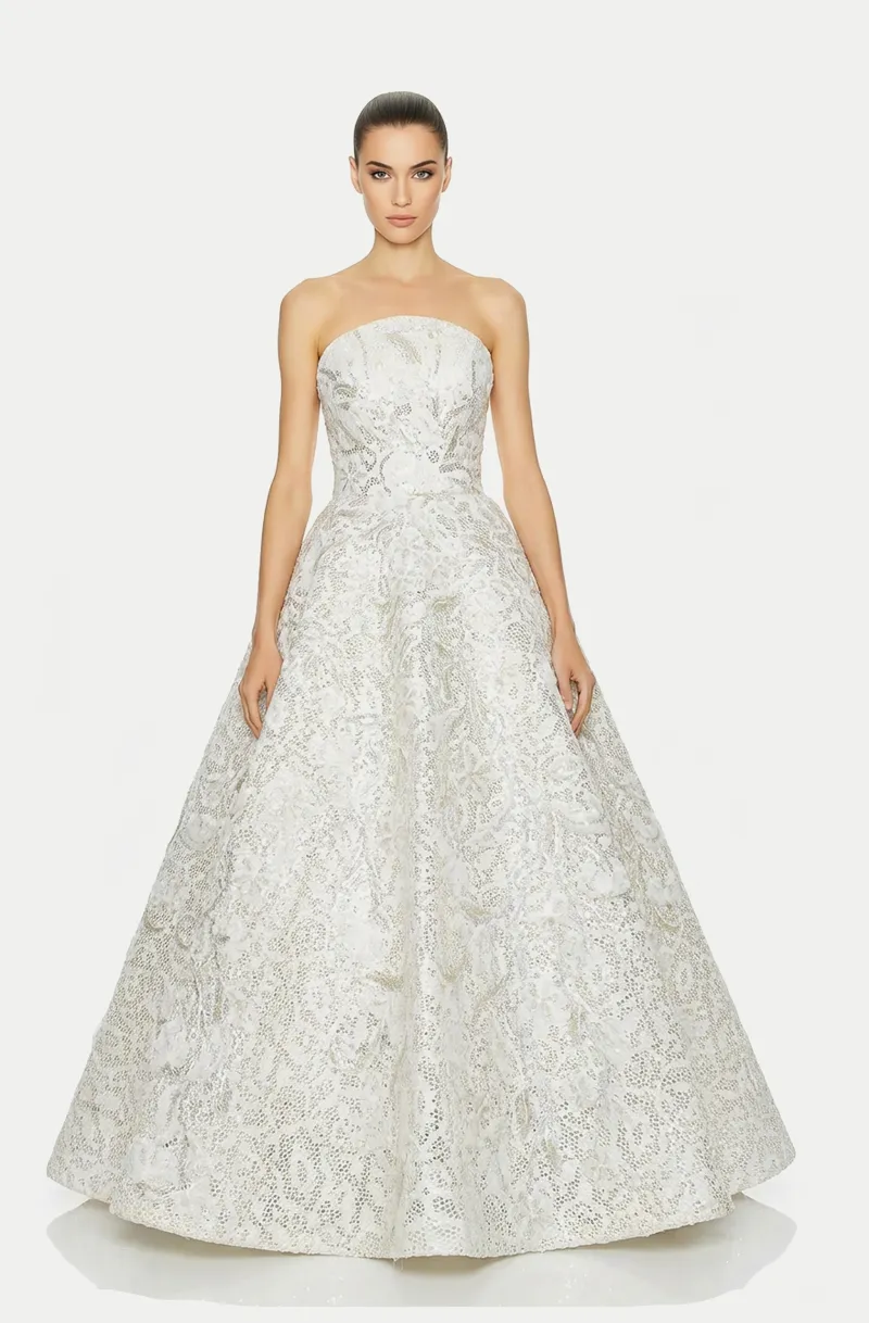 Front view of a woman in an Off-white tulle mesh ball gown with hand-beaded floral appliqués 40, image 1