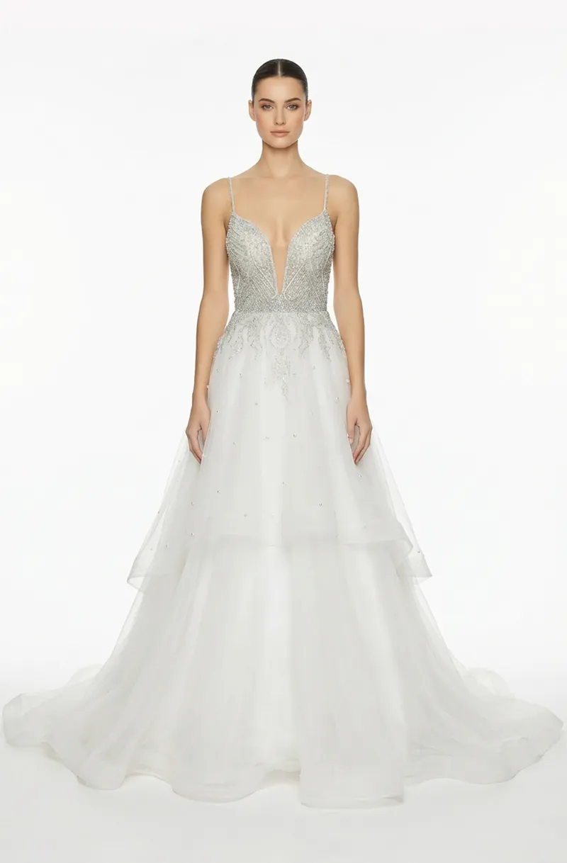 Front view of a woman in an Off-white v-neckline top in metallic silver ornate pattern and tulle layered skirt 41, image 1