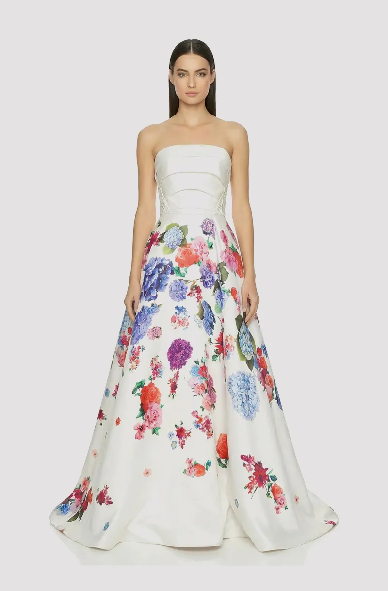 Front view of a woman in a White draped bodice mikado custom print ball gown 44, image 1