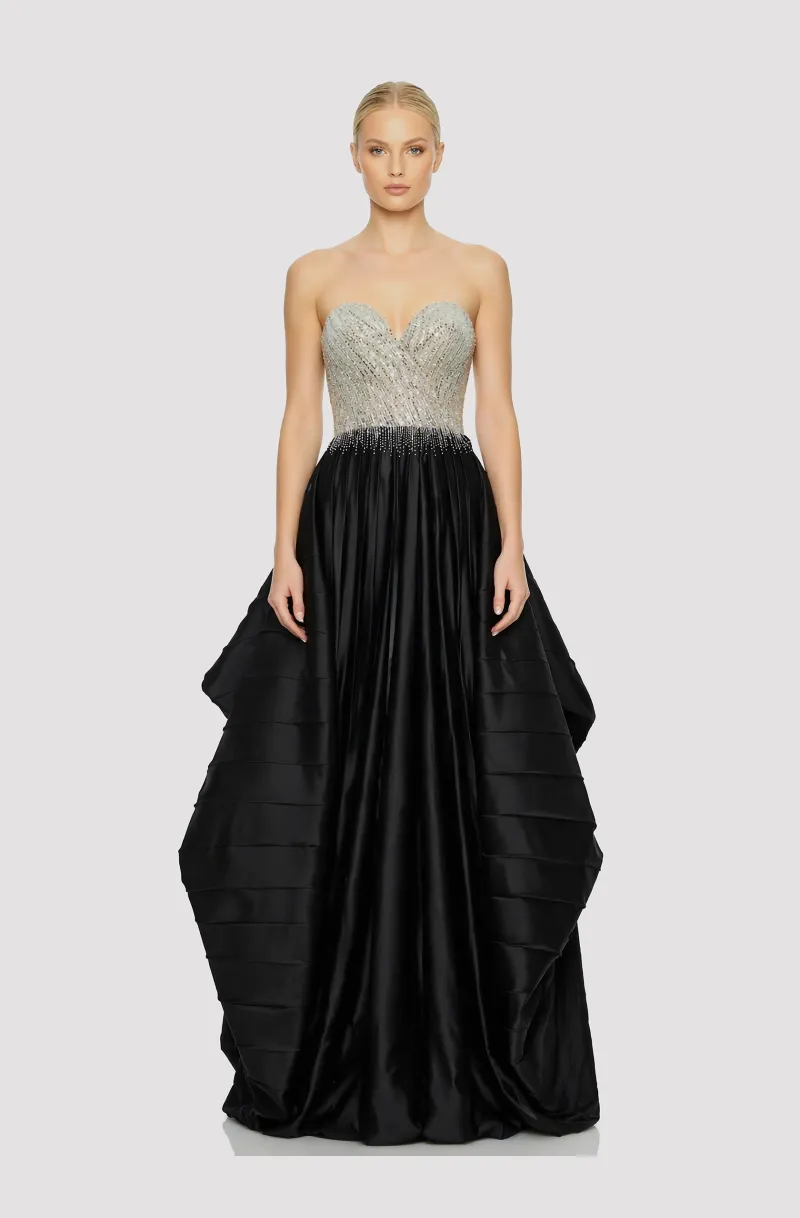 Front view of a woman in a Silver hand-beaded corset with black electric-pleated draped skirt 47, image 1