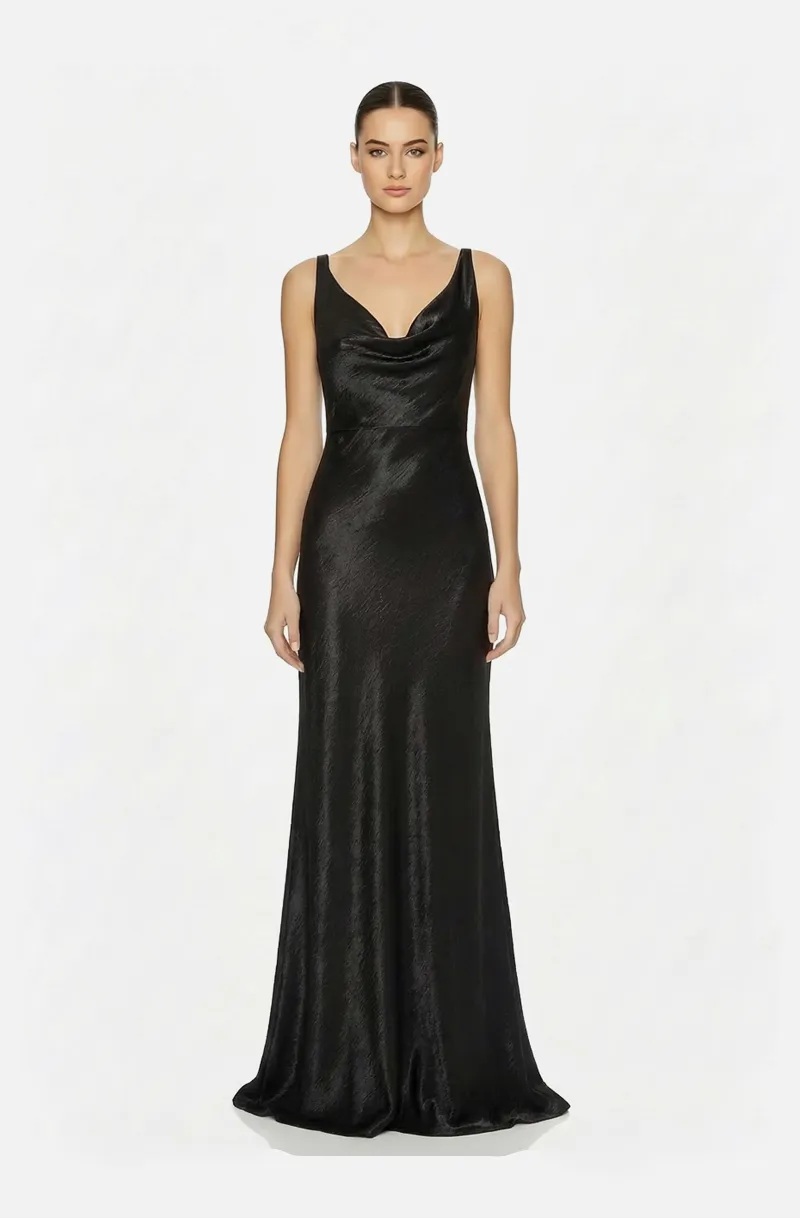 Front view of a woman in a Black cowl neck satin gown 57, image 1