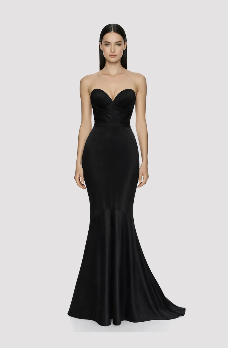 Front view of a woman in a Black mermaid gown with hand-draped corset 58, image 1