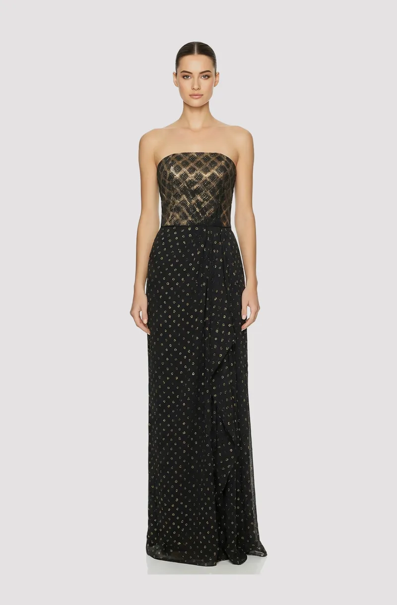 Front view of a woman in a Black and metallic gold gown with brocade tube top and hand-draped gold polka dot chiffon skirt 59, image 1