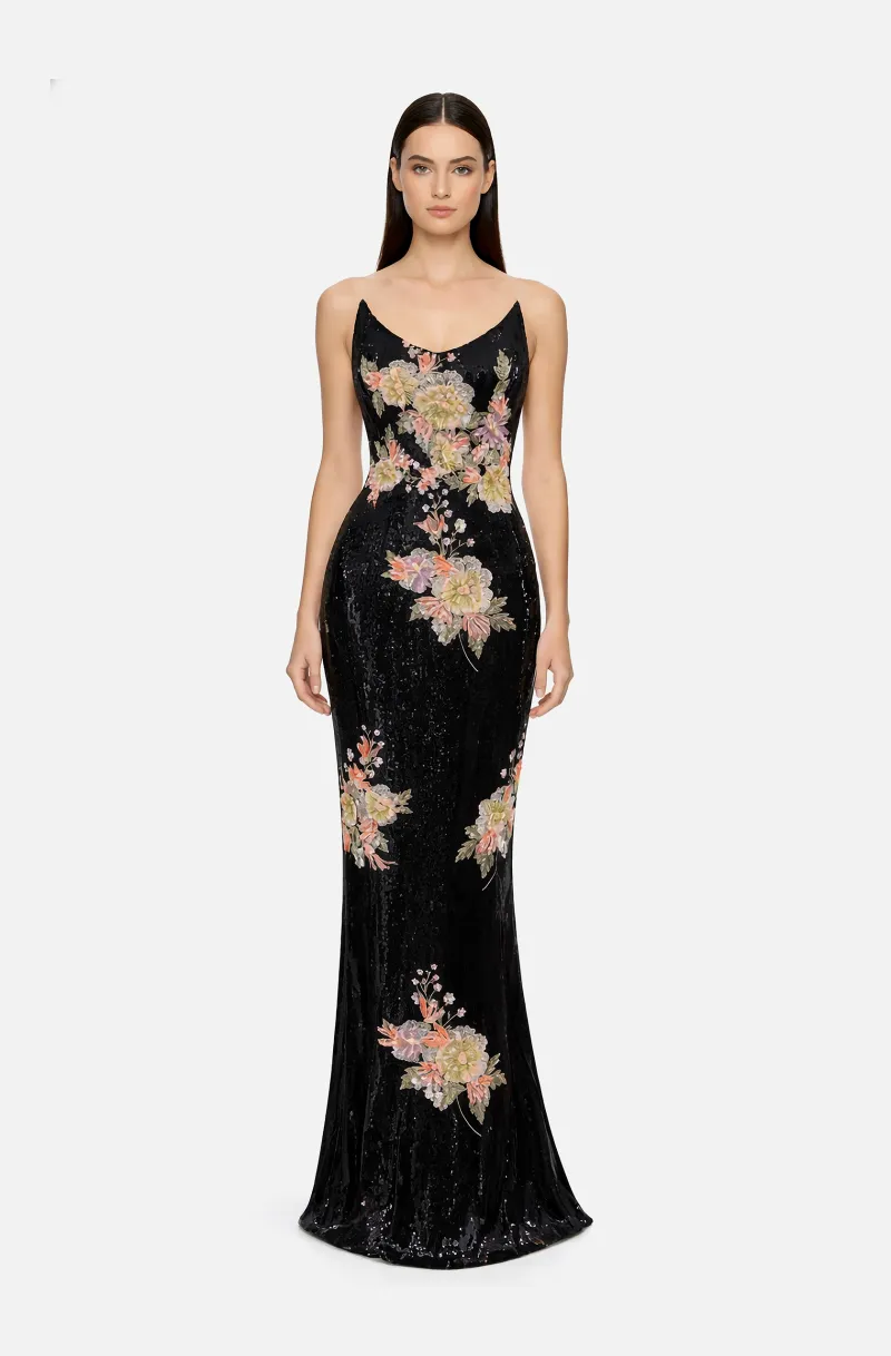 Front view of a woman in a Black sequined column gown with balconette neckline and accented with pastel hand-beaded floral appliqué  60, image 1