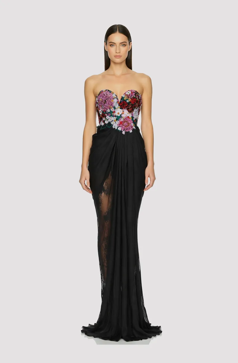 Front view of a woman in a Black silk chiffon hand-draped gown with hand-beaded floral embellished corset 61, image 1