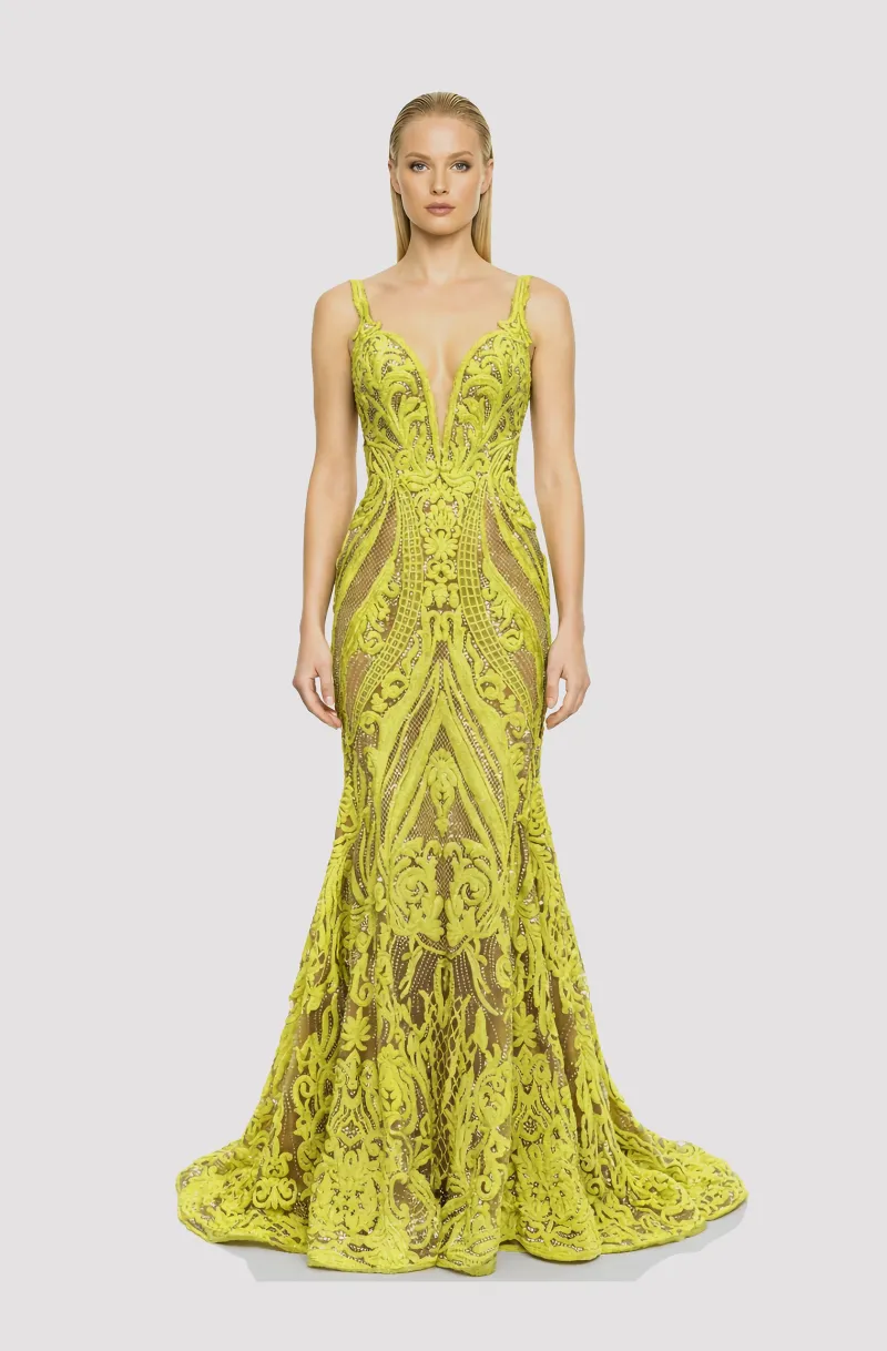 Front view of a woman in a Yellow sleeveless, deep neck pattern sequined beaded mermaid gown with Swarovski crystals 7, image 1