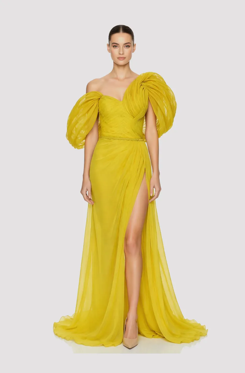 Front view of a woman in a Yellow silk chiffon hand-draped gown with piña corset and abaca fabric draped sleeves 8, image 1