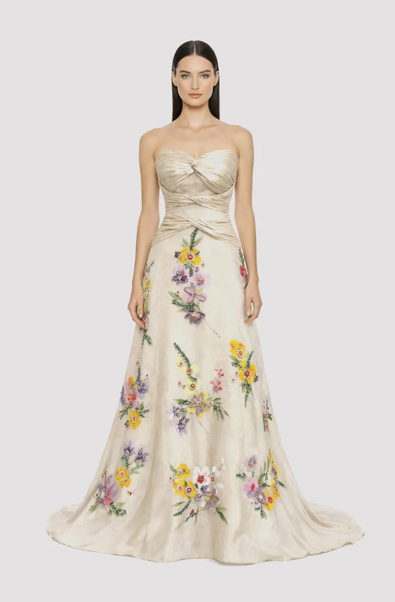 Front view of a woman in a Natural color pina ECO draped bodice with hand-painted, hand-beaded ball gown 9, image 1